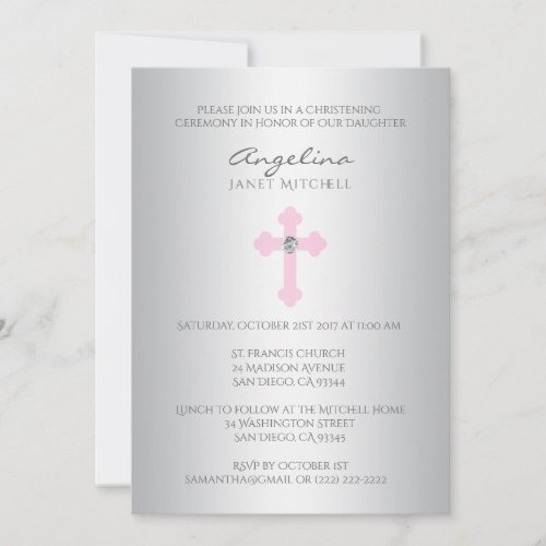 Elegant Silver Pink Cross Girl Baptism Christening Invitation
