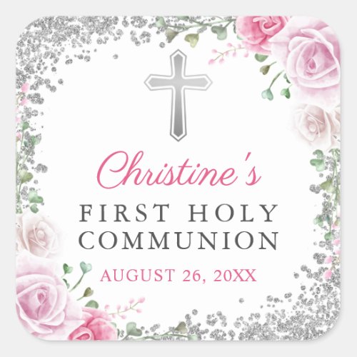 Elegant Silver Pink Floral First Holy Communion Square Sticker