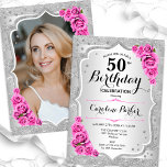 Elegant Silver Pink Photo 50th Birthday Invitation<br><div class="desc">Elegant floral feminine 50th birthday invitation with your photo at the back of the card. Glam design with faux glitter silver. Features silver stripes, pink roses, script font and confetti. Perfect for a stylish adult bday celebration party. Personalise with your own details. Can be customised for any age! Printed Zazzle...</div>