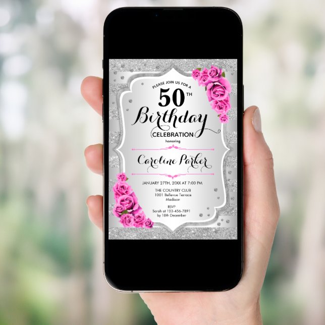 Elegant Silver Pink Photo 50th Birthday Invitation (Front Digital)
