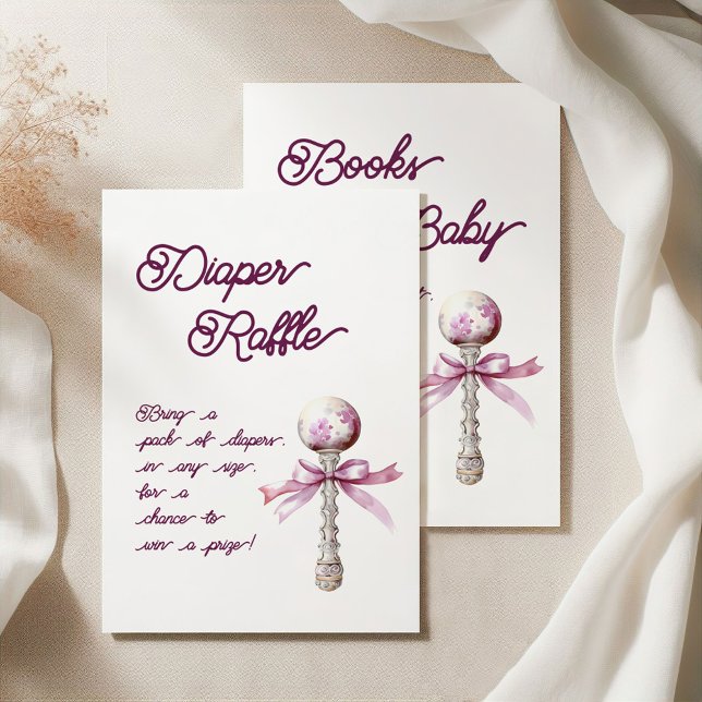 Elegant Silver Pink Rattle Bow Baby Diaper Raffle Enclosure Card (Creator Uploaded)