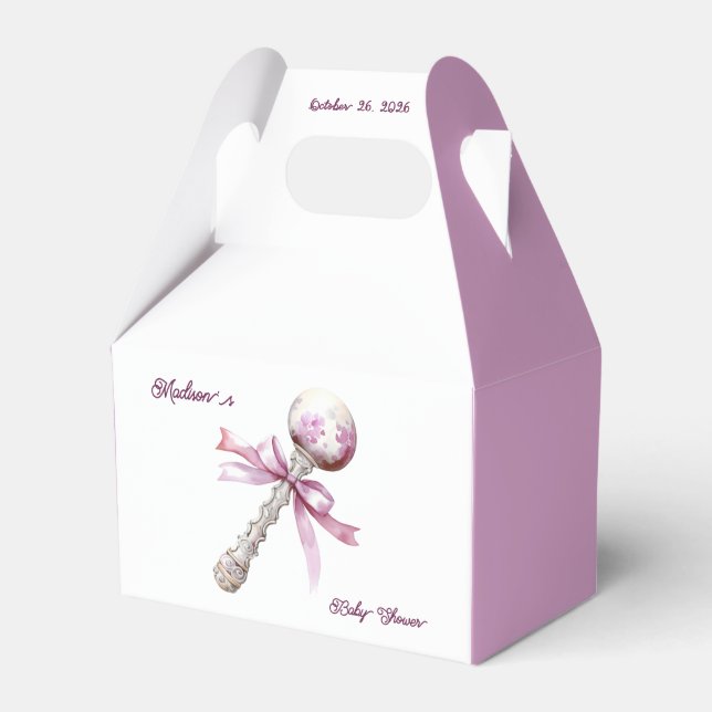 Elegant Silver Pink Rattle Bow Baby Shower Favor Boxes (Front Side)