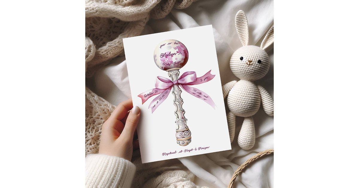 Silver Rattle Invitation Elegant Silver Pink Rattle Bow Baby Shower Invitation | Zazzle