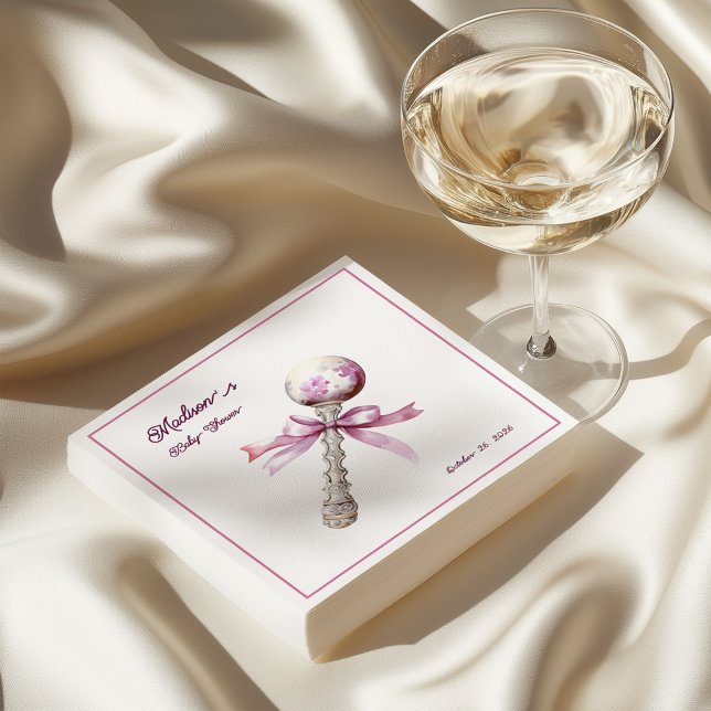 Elegant Silver Pink Rattle Bow Baby Shower Napkins (Creator Uploaded)