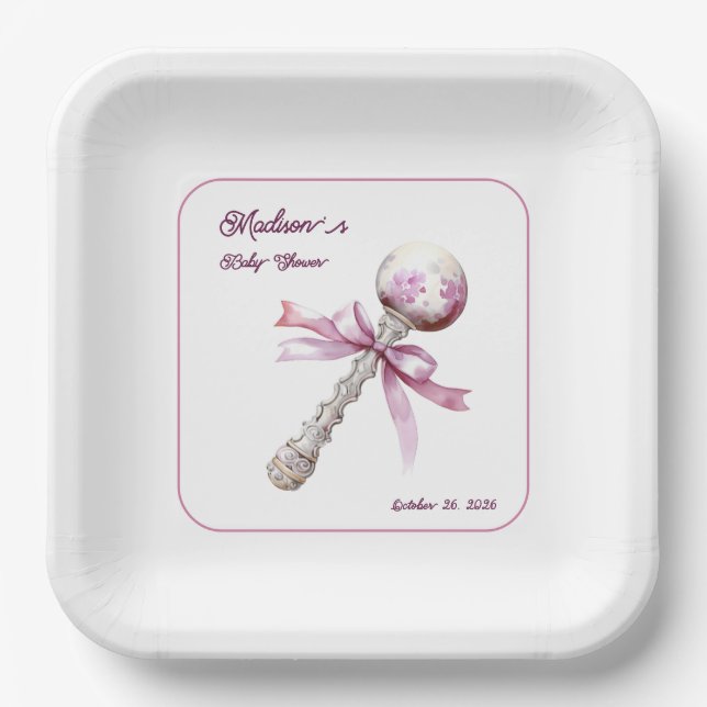 Elegant Silver Pink Rattle Bow Baby Shower Paper Plates (Front)