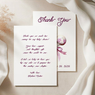 Elegant Silver Pink Rattle Bow Baby Shower Thank You Card