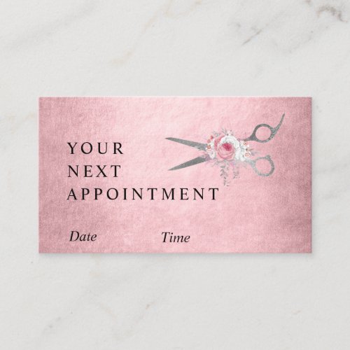 Elegant silver pink rose gold scissors hairstylist appointment card