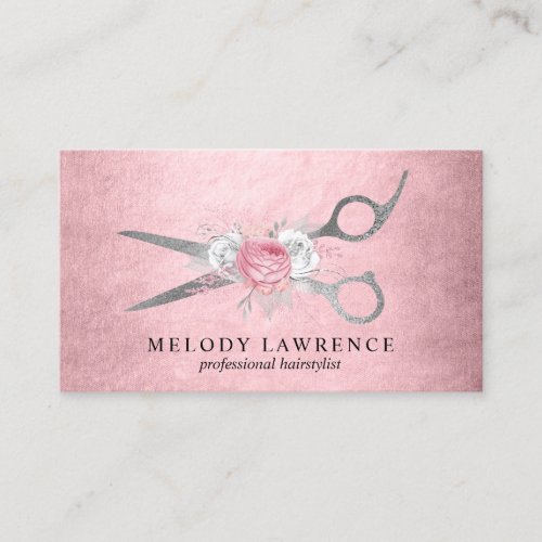 Elegant silver pink rose gold scissors hairstylist business card