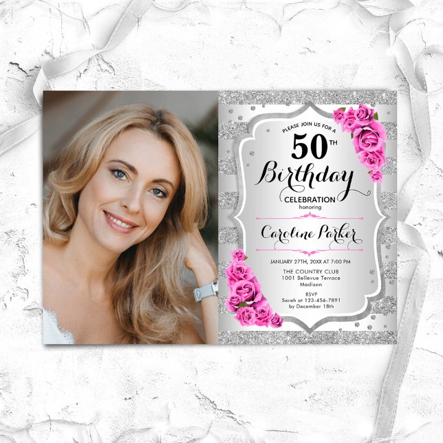 Elegant Silver Pink Roses Photo 50th Birthday Invitation (Creator Uploaded)
