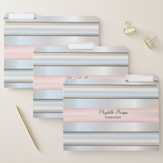 Elegant Silver, Pink Striped Pattern File Folder