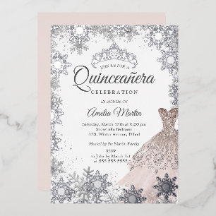 Elegant Silver Pink Winter Snowflake Quinceanera Foil Invitation