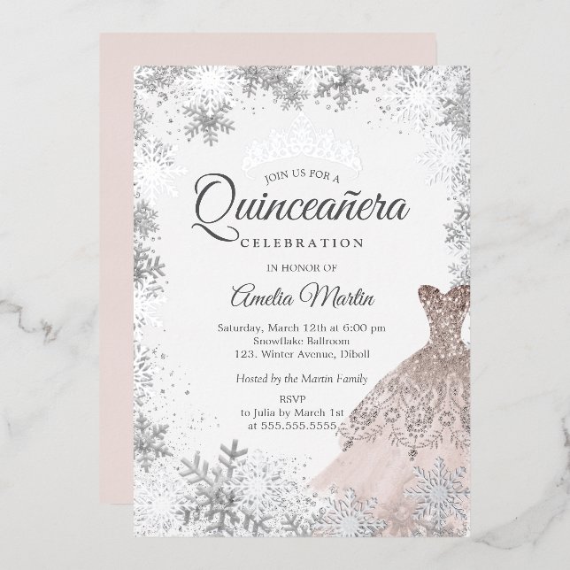 Elegant Silver Pink Winter Snowflake Quinceanera Foil Invitation (Front/Back)