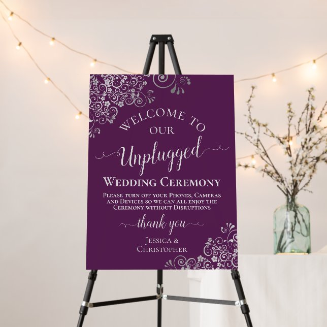 Elegant Silver & Plum Unplugged Wedding Ceremony Foam Board (In Situ (Stand))