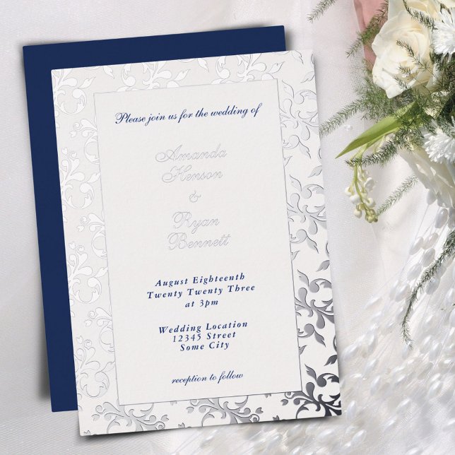 Elegant Silver Pressed Rococo Pattern Wedding Foil Invitation (Creator Uploaded)
