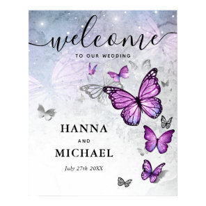 Elegant Silver Purple Butterfly Welcome Wedding Poster