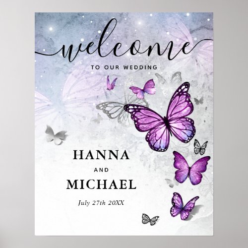 Elegant Silver Purple Butterfly Welcome Wedding Poster