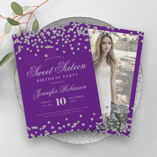 Elegant Silver Purple Confetti Photo Sweet 16   Invitation