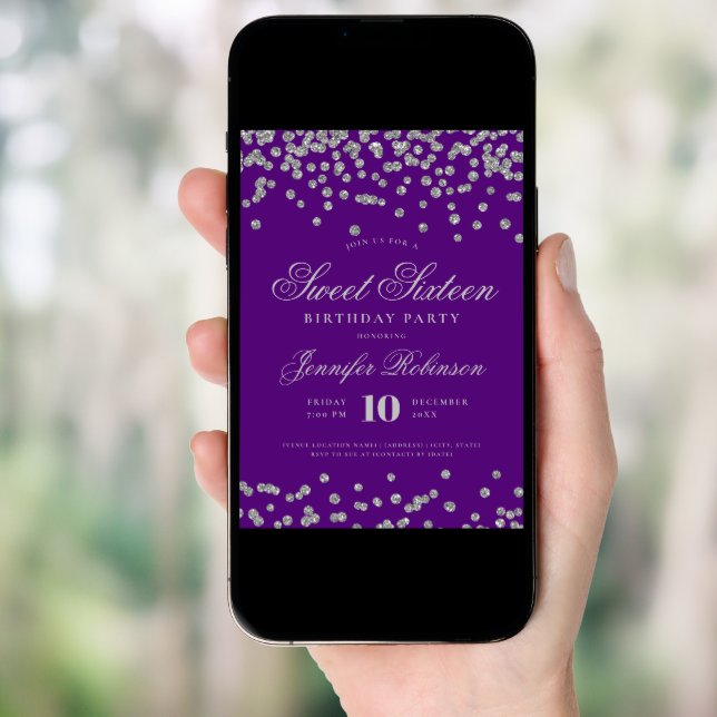Elegant Silver Purple Confetti Photo Sweet 16   Invitation (Front Digital)