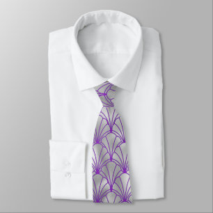 Elegant Silver Purple Fan Design Art Deco Neck Tie