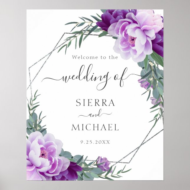 Elegant Silver & Purple Floral Eucalyptus Wedding Poster (Front)