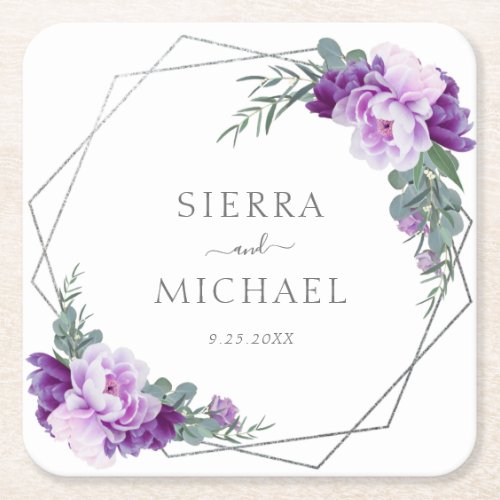 Elegant Silver  Purple Floral Eucalyptus Wedding Square Paper Coaster