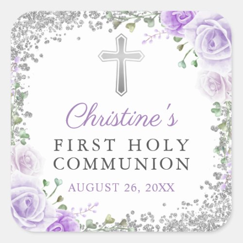 Elegant Silver Purple Floral First Holy Communion Square Sticker