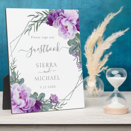 Elegant Silver  Purple Floral Wedding Guestbook Plaque