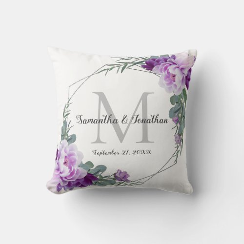 Elegant Silver Purple Floral Wedding Throw Pillow