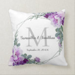 Elegant Silver Purple Floral Wedding Throw Pillow<br><div class="desc">Here's a stunning gift for the newlyweds. This design features elegant peonies and rose buds in shades of purple and violet together with trendy eucalyptus foliage greenery encircled by a faux silver foil border around the last name initial of the bride and groom together with their first names and their...</div>