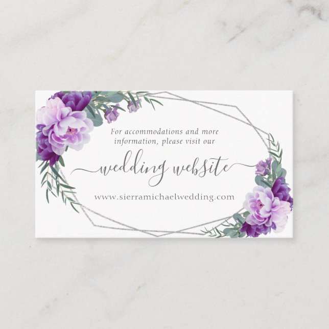 Elegant Silver & Purple Floral Wedding Website Enclosure Card (Front)
