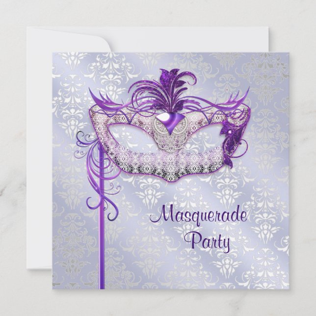 Elegant Silver Purple Masquerade Party Invitation (Front)