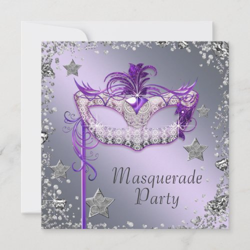 Elegant Silver Purple Masquerade Party Invitation