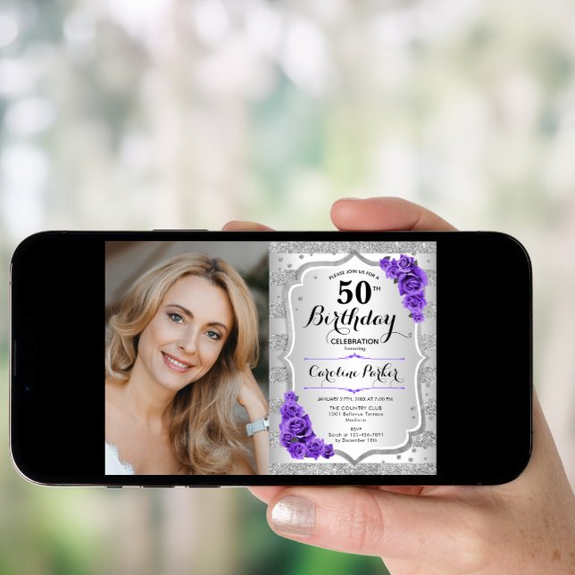 Elegant Silver Purple Photo 50th Birthday Invitation (Front Digital)