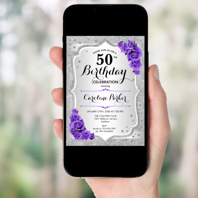 Elegant Silver Purple Photo 50th Birthday Invitation (Front Digital)