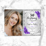 Elegant Silver Purple Photo 50th Birthday Invitation<br><div class="desc">Elegant floral feminine 50th birthday invitation with your photo. Glam design with faux glitter silver. Features stripes, purple roses, script font and confetti. Perfect for a stylish adult bday celebration party. Personalise with your own details. Can be customised for any age! Printed Zazzle invitations or instant download digital printable template....</div>
