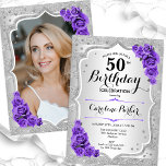 Elegant Silver Purple Photo 50th Birthday Invitation<br><div class="desc">Elegant floral feminine 50th birthday invitation with your photo at the back of the card. Glam design with faux glitter silver. Features silver stripes, purple roses, script font and confetti. Perfect for a stylish adult bday celebration party. Personalise with your own details. Can be customised for any age! Printed Zazzle...</div>