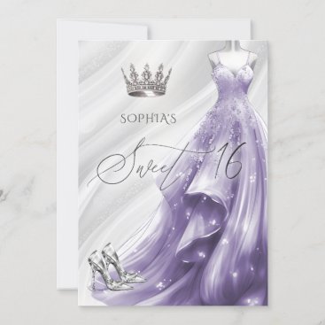 Elegant Silver Purple Sparkle Dress Sweet 16 Invitation