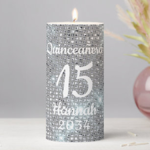 Elegant Silver Quinceañera Girl 15th Birthday Pillar Candle