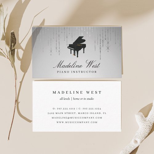 Elegant Silver Rain Piano Instructor Music Teacher Business Card