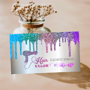 Elegant Silver,Rainbow Glitter Drips Hair Salon Business Card