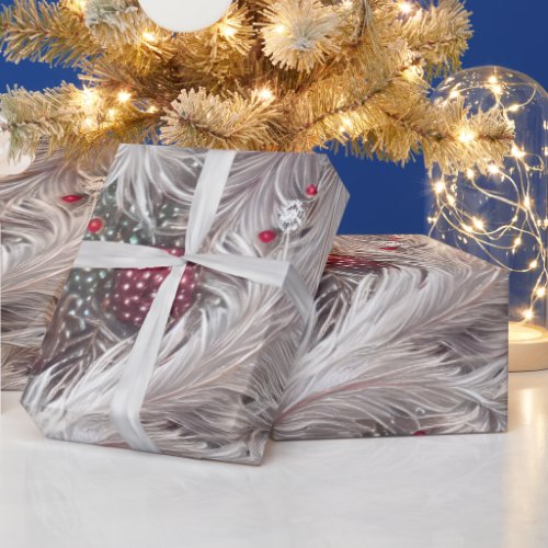 Elegant Silver  Red Bead Feather Christmas Floral Wrapping Paper