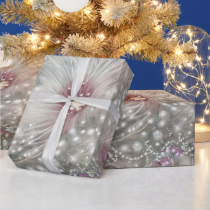 Elegant Silver & Red Bead Pearl Christmas Floral Wrapping Paper