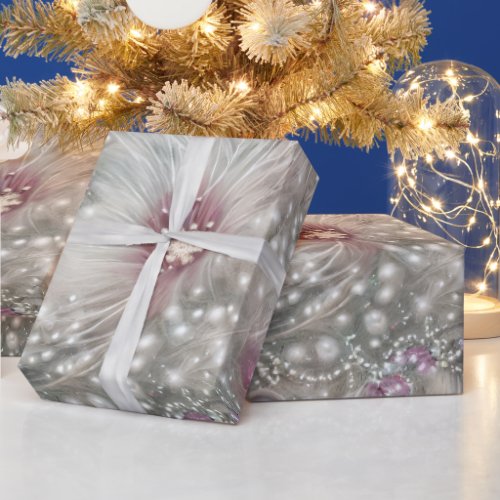Elegant Silver  Red Bead Pearl Christmas Floral Wrapping Paper