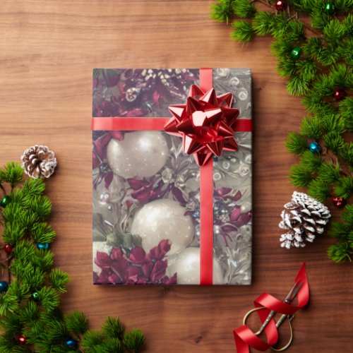 Elegant Silver  Red Bead Pearl Christmas Floral Wrapping Paper