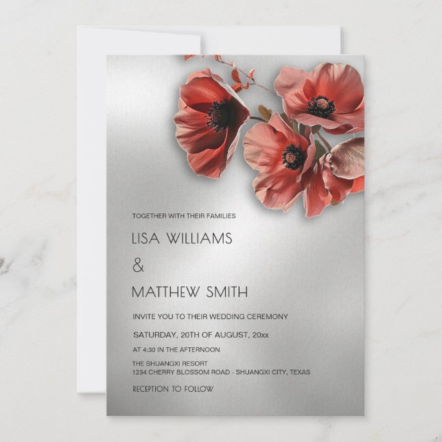 Elegant Silver Red Flowers | Photo Wedding Invitation (Front)