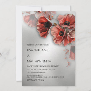 Elegant Silver Red Flowers   Photo Wedding Invitation