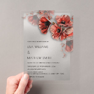Elegant Silver Red Flowers Transparent Wedding Acrylic Invitations