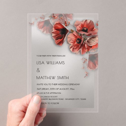 Elegant Silver Red Flowers Transparent Wedding Acrylic Invitations