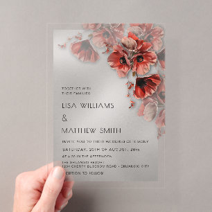 Elegant Silver Red Flowers Transparent Wedding Acrylic Invitations
