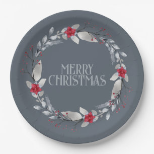 Elegant Silver Red Merry Christmas Wreath Paper Plates